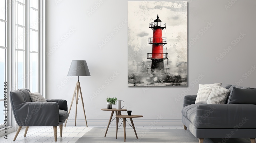 Fototapeta premium simple minimalist painting winter lighthouse
