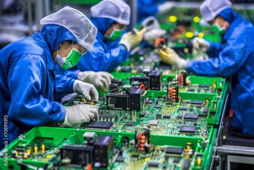 A workers in protective suits assembling electronic components on a factory floor, the intricate and clean environment of electronics manufacturing photo
