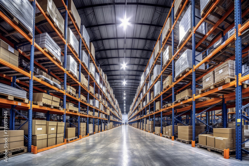 A wide-angle view of the vast interior of a modern warehouse, with neatly organized shelves reaching to the ceiling, showcasing the efficiency and scale of modern storage facilities