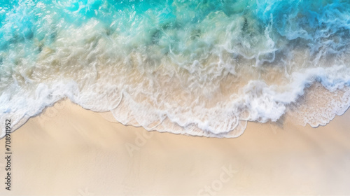 Top view on the tropical sandy seashore and waves with copy space © Mikhail