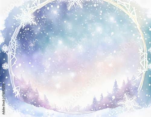 雪の結晶のフレームと雪景色