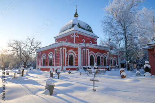Church of St. George the Victorious (1790-1808) at the old city cemetery on a sunny January day. Rybinsk, Russia