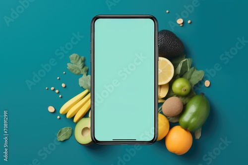 A mockup for mobile application with fruits for delivery, food, vitamins, supplements on a turquoise background.