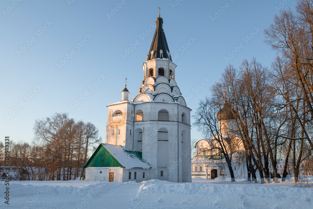 View of the ancient church-bell tower of the Crucifixion of Christ (Ruspyatskaya Church) on a sunny January evening. Alexandrov. Vladimir region, Russia