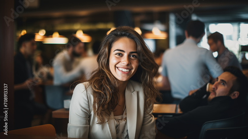 a happy woman thinking in an office building conference room