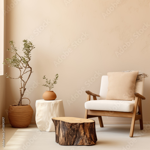  a beautiful modern minimalistic suede tufted lounge chair with a modern side table, clean minimalist solid background