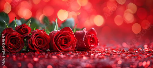 Banner of red roses on the red bokeh background