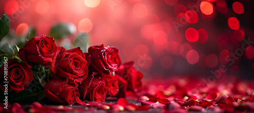 Banner of red roses on the red bokeh background © Kateryna Kordubailo