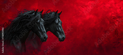 two Friesian horses in profile on red boke background
