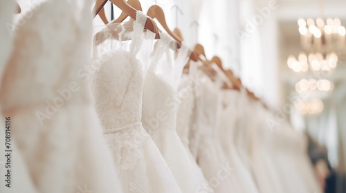wedding dresses on  hanger. bridal shop