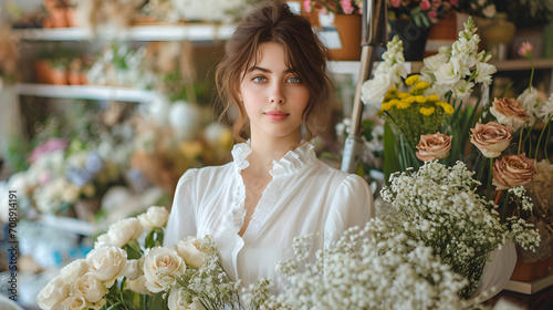 Beautiful saleswoman in light white flower shop 