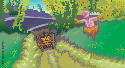 Farm Illustration - Village Farm - Minimal Farm - Farming - Bullock cart - Scarecrow 
