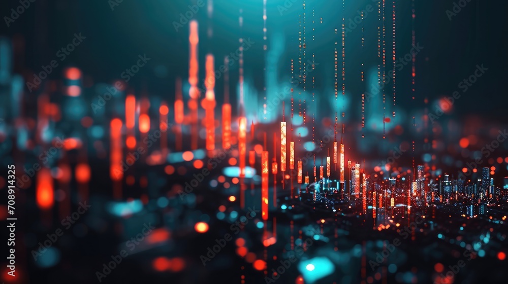 Abstract glowing big data forex candlestick chart on blurry city backdrop. Trade, technology, investment and analysis concept.