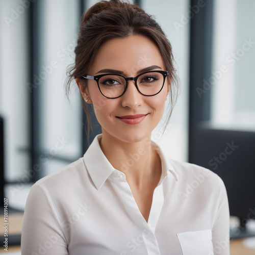 portrait of a businesswoman in white shirt and specs