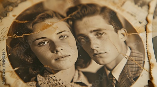 Damaged old photo. Portrait of young couple, wife and husband vintage sepia style retro photograph from family album of 1950s, people from past remembering background. photo