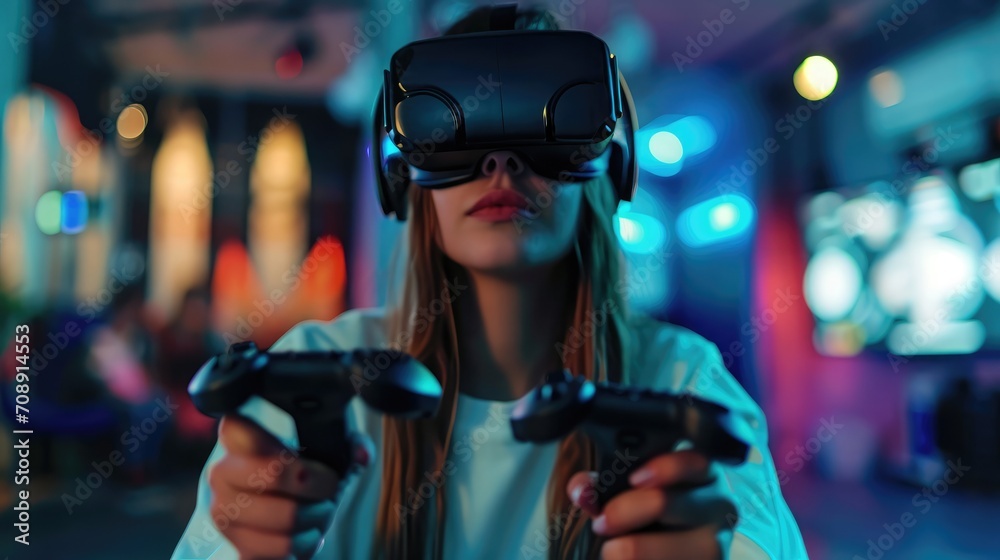 Girl in vr glasses holds joysticks in her hands Girl in vr glasses holds joysticks in her hands