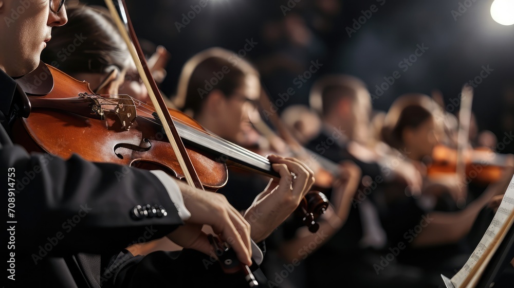Fototapeta premium Professional symphonic orchestra performing on stage and playing a classical music concert