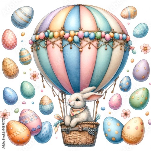 An illustration of an Easter bunny delivering eggs in a hot air balloon, rendered in watercolor style.