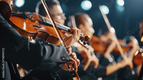 Professional symphonic orchestra performing on stage and playing a classical music concert photo