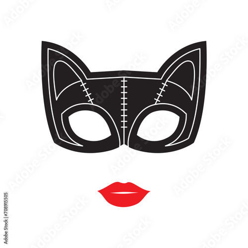 Graphic cat mask and red lips for costume party design - Cat Woman Mask - Minimal Illustration
