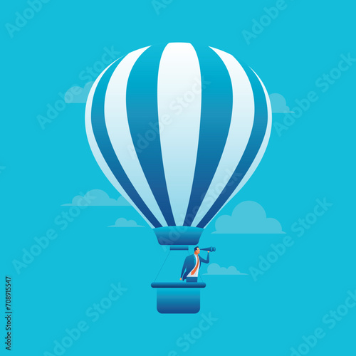 Explorer with Telescope in Hot Air Balloon Illustration - Businessman Minimal Illustration - Hot Air Balloon Vision 