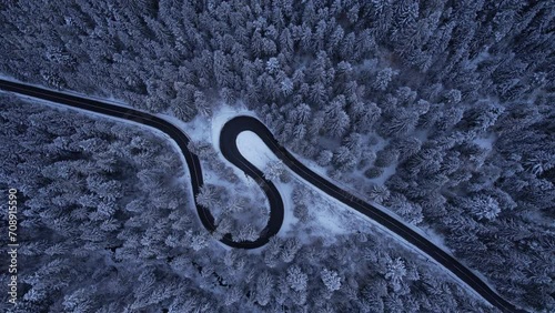 Top view of spectacular mountain road in winter.Serpentines from Romania mountains,Cheile Bicazului.
