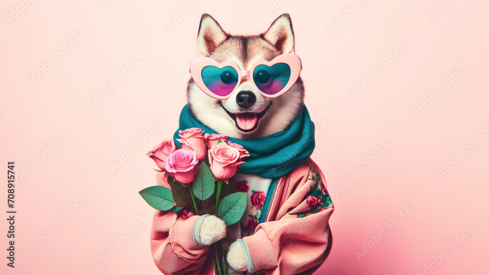 Cute funny dog holding with bouquet of roses in Valentine’s day concept.