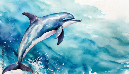 Top view of a stilazed dolphin in the ocean, watercolor art style, copy space on a side