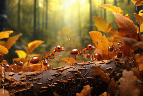 red ant and autumn leaves in the forest photo