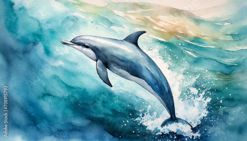 Top view of a stilazed dolphin in the ocean  watercolor art style  copy space on a side