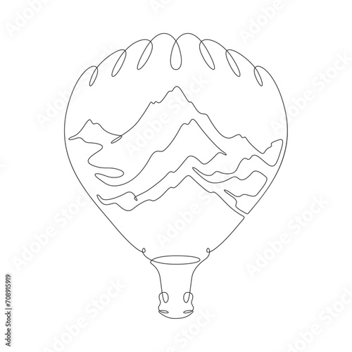 Balloon. Top of the mountain. Mountain landscape. Aerostat.Double exposure. Picture in picture.Continuous one line drawing. Lineart vector illustration.