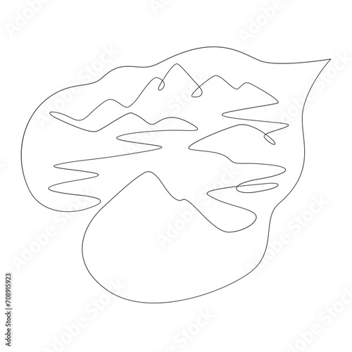 Mountain river. Beautiful mountain landscape. Tree leaf. Double exposure. Picture in picture.Continuous one line drawing. Lineart vector illustration.