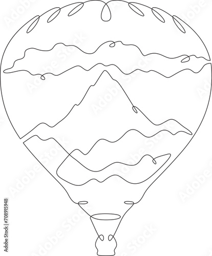 Balloon. Top of the mountain. Mountain landscape. Aerostat.Double exposure. Picture in picture.Continuous one line drawing. Lineart vector illustration.