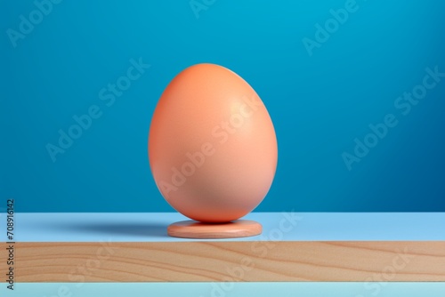 A colorful egg resting on a wooden stand beside a blue background