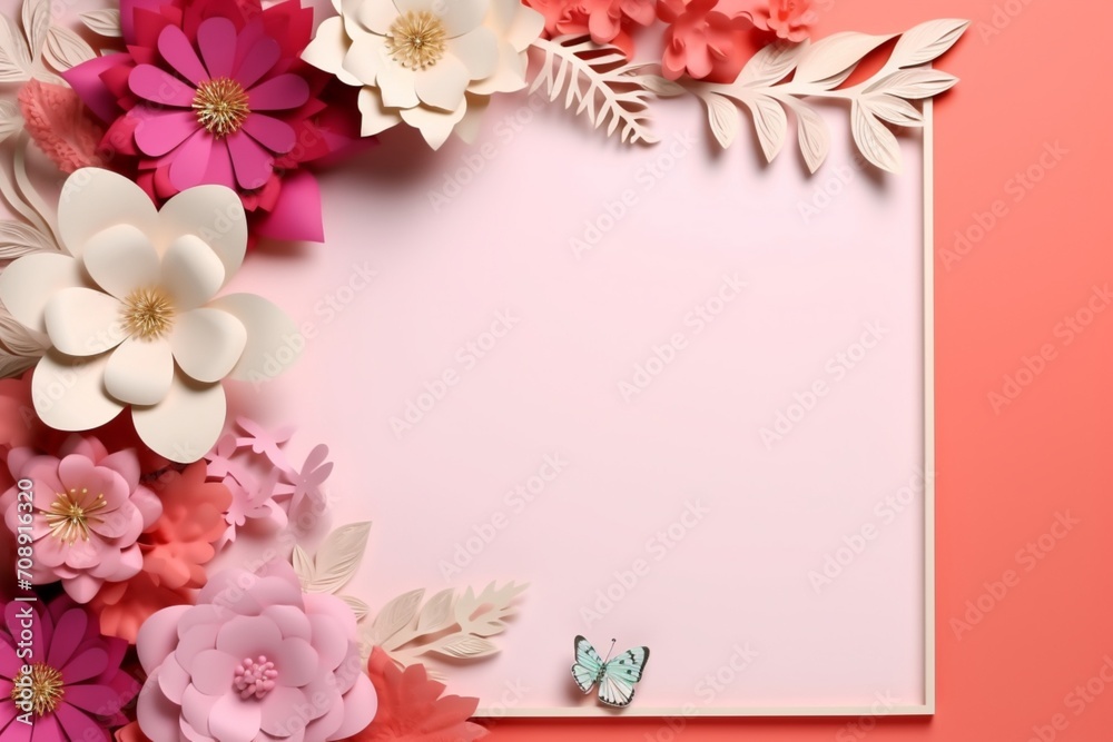 A colorful exhibition of flowers and a paper flower frame against a pink background