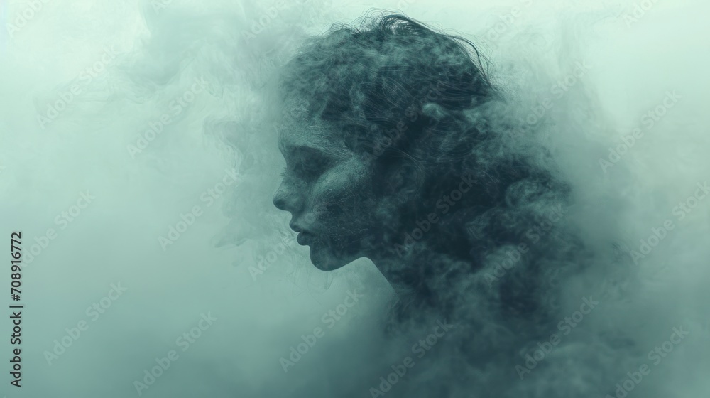 a black and white photo of a woman's face with smoke coming out of her ...