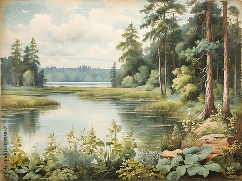 Photo vintage painting of forest landscape with lake plants.