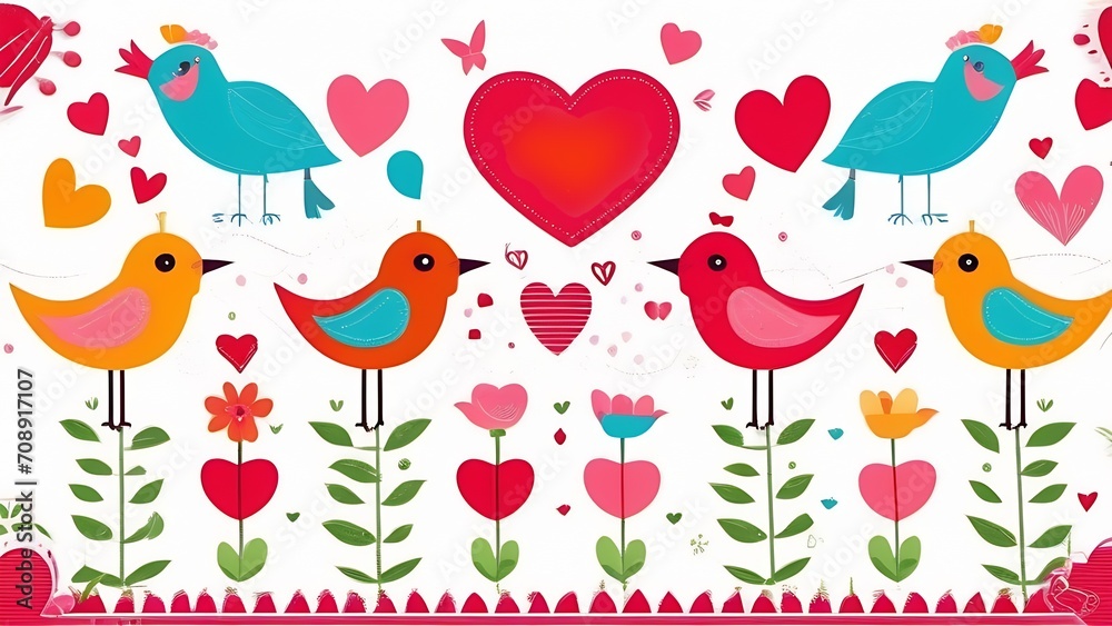 Valentine's Day card. Birds and hearts. set of elements for a postcard
