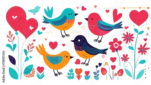Valentine s Day card. Birds and hearts. set of elements for a postcard 