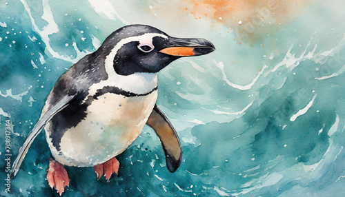 Top view of a stilazed penguin in the ocean  watercolor art style  copy space on a side
