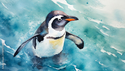 Top view of a stilazed penguin in the ocean, watercolor art style, copy space on a side