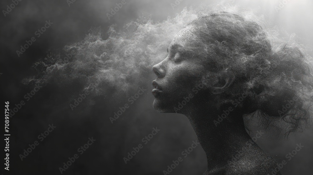 a black and white photo of a woman's face with smoke coming out of her ...