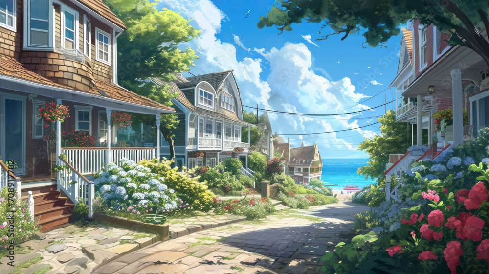 Obraz premium a painting of a street with houses and flowers in the foreground and a body of water in the background, with a blue sky and white clouds in the background.