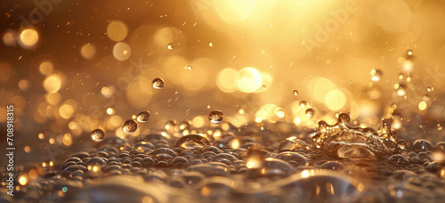 Golden water droplets on surface with warm bokeh lights. Abstract texture background.