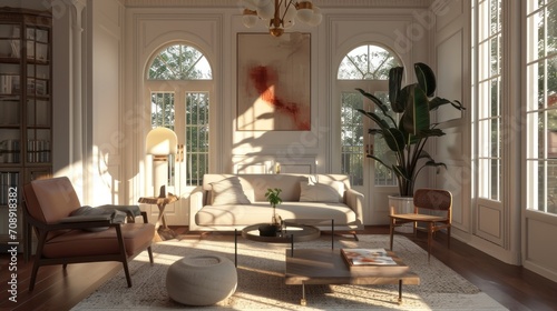  a living room with a lot of windows and a white couch with a plant in the middle of the room and a large potted plant in the middle of the room. © Olga