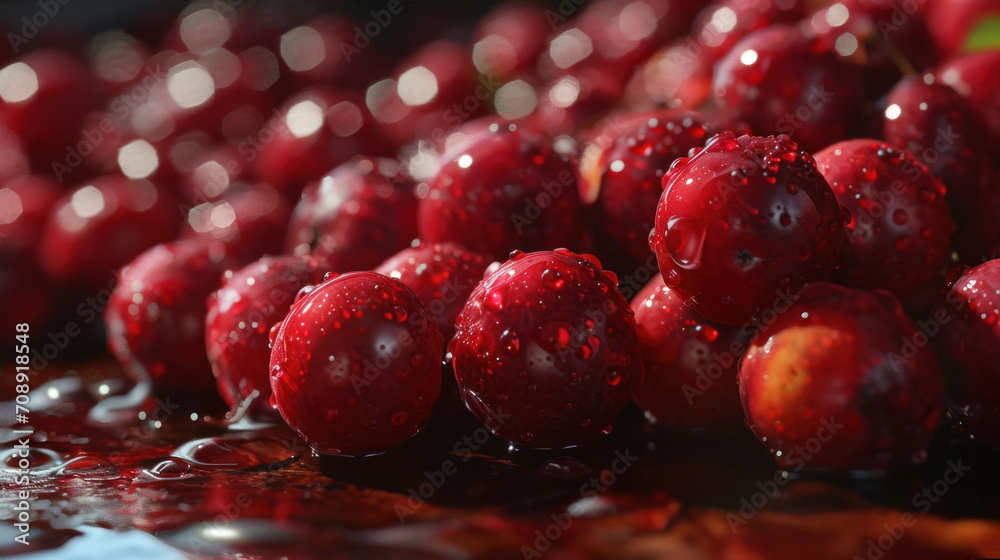  a close up of a bunch of cherries with drops of water on the top of the cherries and the bottom of the cherries on the bottom of the cherries.