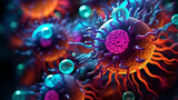 close up scientific vibrant neon glow microscopic colorful virus