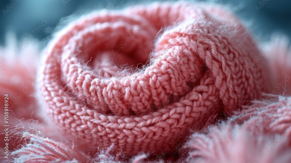 a close up of a pink knitted piece of cloth with white yarn on the end of the yarn and the end of the yarn on the end of the end of the end of the end of the yarn. - obrazy, fototapety, plakaty 