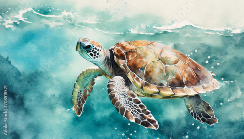 Top view of a stilazed sea turtle in the ocean  watercolor art style  copy space on a side