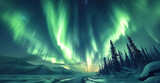 The amazing of the northern lights, a green glow dancing in the upper layers of the atmosphere. Generative AI.